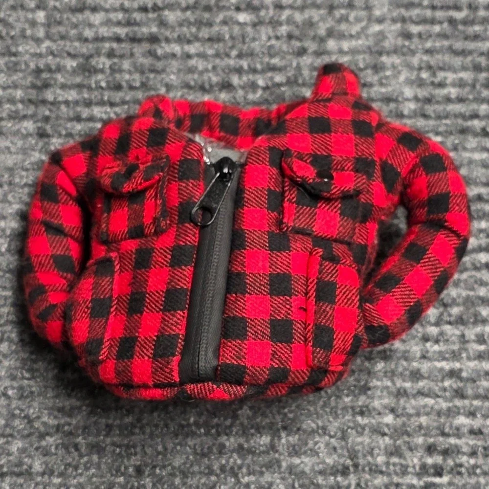 Puffin Insulated Can‎ Cooler Drink Koozie Red Black Buffalo Plaid Flannel Jacket